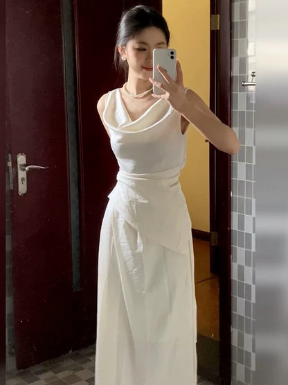 French-style elegant sleeveless dress with a ruffled neckline, new summer style, flattering and slimming, a stunning two-piece long dress set.