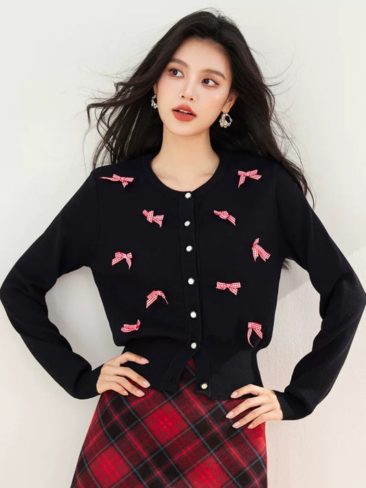 Bowknot round neck sweater for women, new style for autumn and winter, loose and versatile knitted cardigan jacket, long-sleeved top