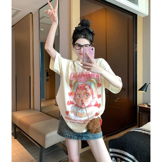 Sweet and cool short-sleeved T-shirt for women 2025 new summer niche unique fashion personality foreign style age-reducing straight shoulder top ins