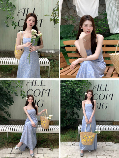 DH OFFICIAL Large Flower [Chiangmai Garden] Floral Square Neck Dress Women's Summer and Korean Waist Suspender Skirt
