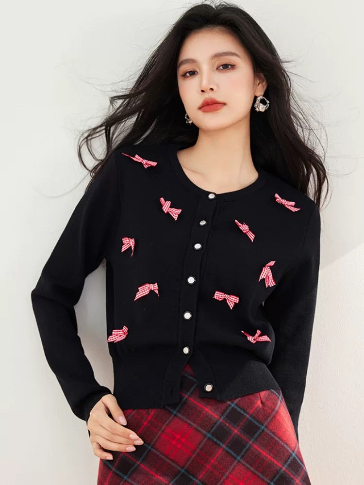 Bowknot round neck sweater for women, new style for autumn and winter, loose and versatile knitted cardigan jacket, long-sleeved top