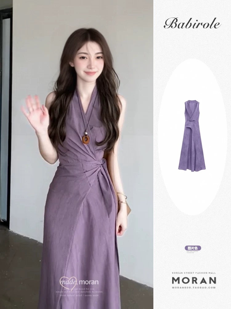 French-style mature and sophisticated purple V-neck halter neck dress, slimming and flattering, perfect for summer.