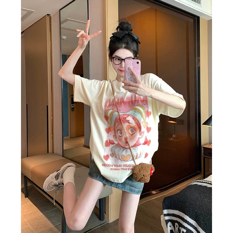 Sweet and cool short-sleeved T-shirt for women 2025 new summer niche unique fashion personality foreign style age-reducing straight shoulder top ins