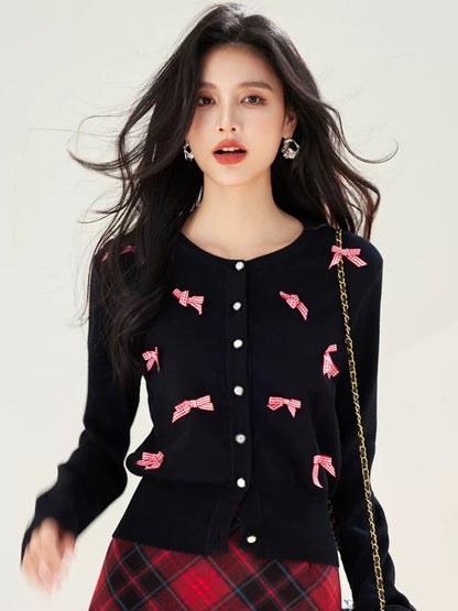 Bowknot round neck sweater for women, new style for autumn and winter, loose and versatile knitted cardigan jacket, long-sleeved top