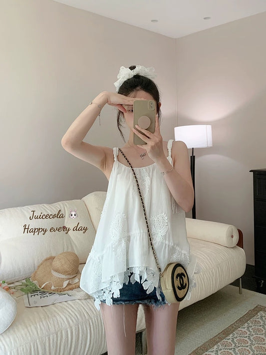 juicecola gentle three-dimensional pear flower head hollow embroidery irregular hook flower sweet lace top