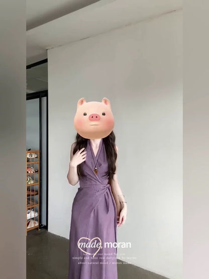 French-style mature and sophisticated purple V-neck halter neck dress, slimming and flattering, perfect for summer.