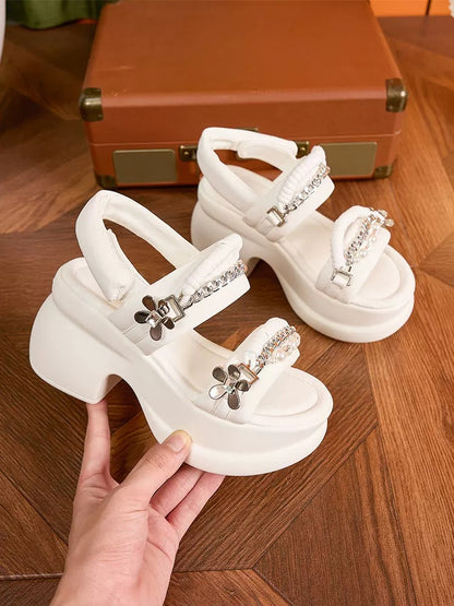 ZFCQ thick-soled wedge sandals for women 2025 summer new high-heeled rhinestone casual high-end Velcro sandals