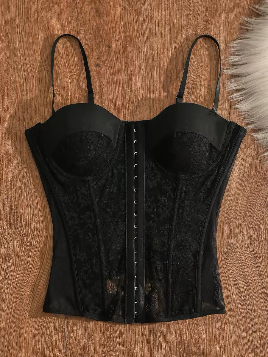 Black fishbone corset camisole top with lace trim, padded bra, and can be worn as an inner or outer layer. A unique and stylish top.
