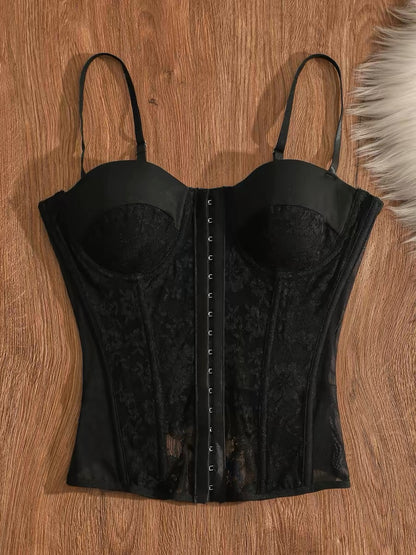Black fishbone corset camisole top with lace trim, padded bra, and can be worn as an inner or outer layer. A unique and stylish top.