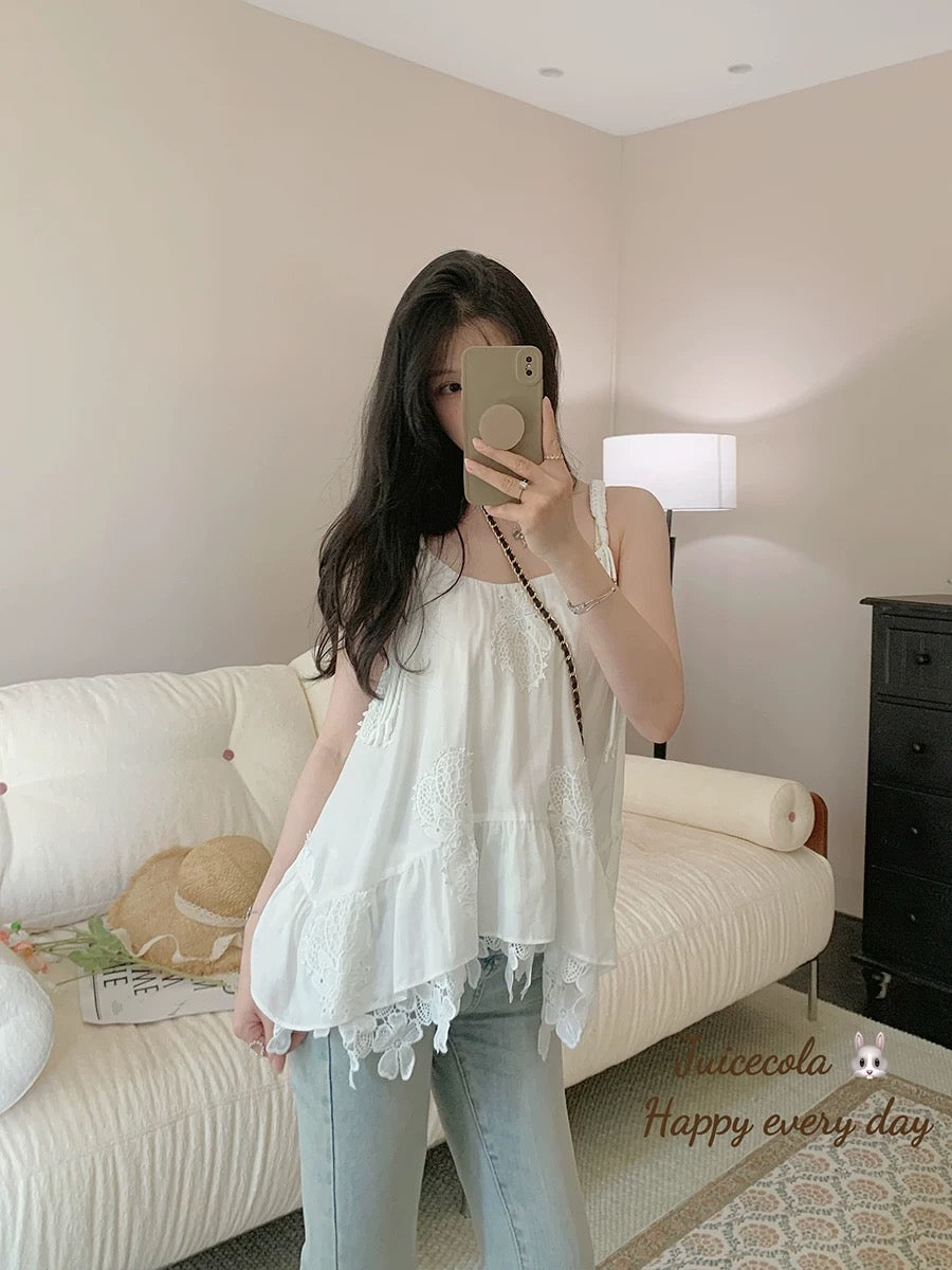 juicecola gentle three-dimensional pear flower head hollow embroidery irregular hook flower sweet lace top