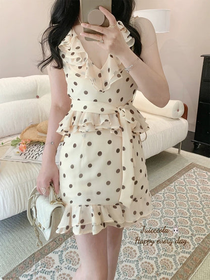 juicecola retro polka dot temperament double-layer ruffled V-neck chiffon shirt high waist skirt suit