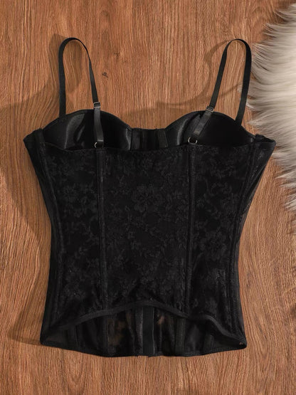 Black fishbone corset camisole top with lace trim, padded bra, and can be worn as an inner or outer layer. A unique and stylish top.