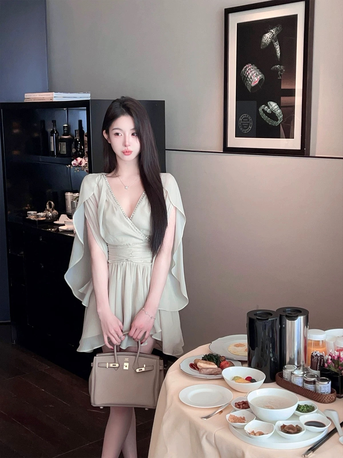 FairyJiang 2025 new diamond V-neck ruffle chiffon dress short waist pleated fairy skirt