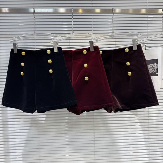 Popular online style 2025 winter new light luxury elegant double-breasted metal buckle velvet fabric three-quarter shorts bootcut pants for women