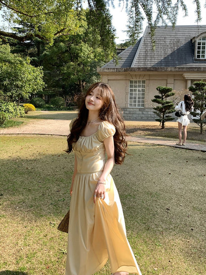 Xia Shiwen Summer Waltz Modal Suit Women's Summer Pleated Puff Sleeve U-neck Short Top/A-Line Skirt