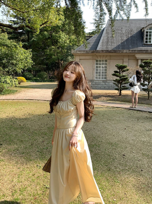 Xia Shiwen Summer Waltz Modal Suit Women's Summer Pleated Puff Sleeve U-neck Short Top/A-Line Skirt