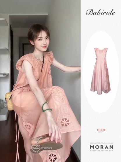 French-style short-sleeved tea dress, summer women's clothing, 2025 new style, high-end, elegant, loose and slimming long dress.