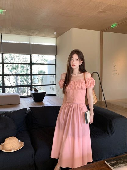Xia Shiwen Summer Waltz Modal Suit Women's Summer Pleated Puff Sleeve U-neck Short Top/A-Line Skirt