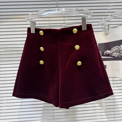 Popular online style 2025 winter new light luxury elegant double-breasted metal buckle velvet fabric three-quarter shorts bootcut pants for women