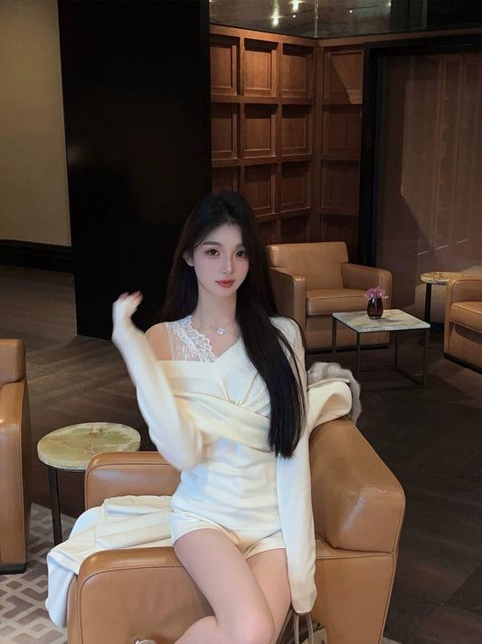 fairy Jiang 2025 new diamond V-neck ruffle chiffon dress short waist pleated fairy skirt