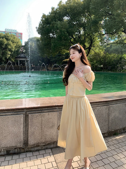 Xia Shiwen Summer Waltz Modal Suit Women's Summer Pleated Puff Sleeve U-neck Short Top/A-Line Skirt
