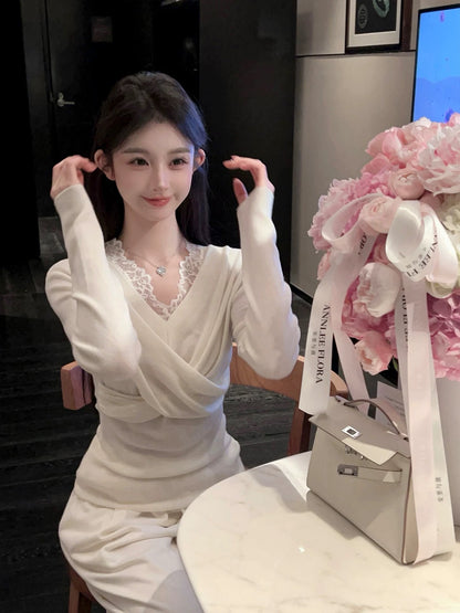 fairy Jiang 2025 new diamond V-neck ruffle chiffon dress short waist pleated fairy skirt