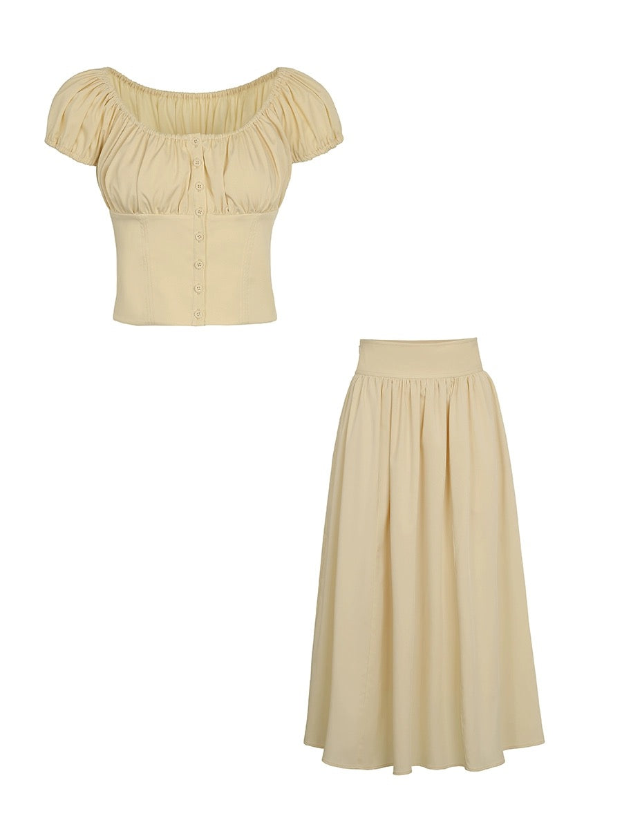 Xia Shiwen Summer Waltz Modal Suit Women's Summer Pleated Puff Sleeve U-neck Short Top/A-Line Skirt