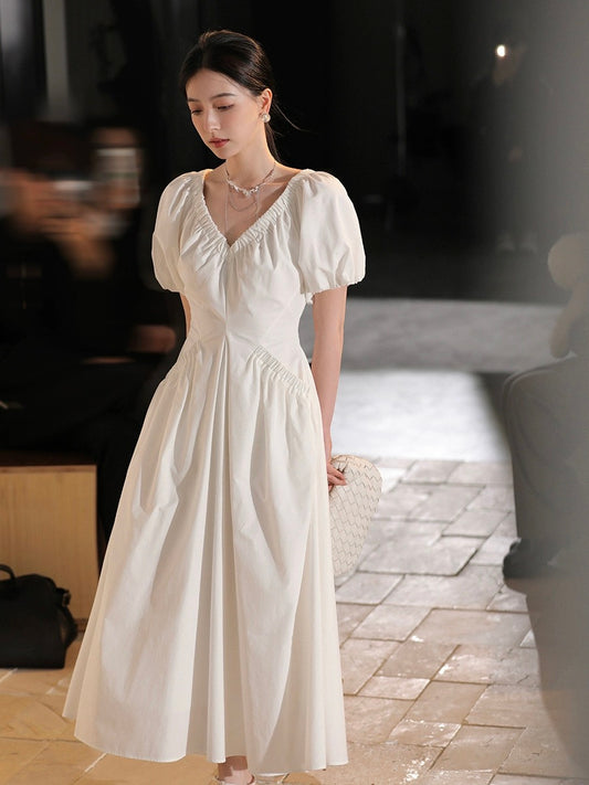 Xia Shiwen Alice's Dream Lyocell V-neck Puff Sleeve Two-Wear Pink Waist A-Line Dress for Women Summer