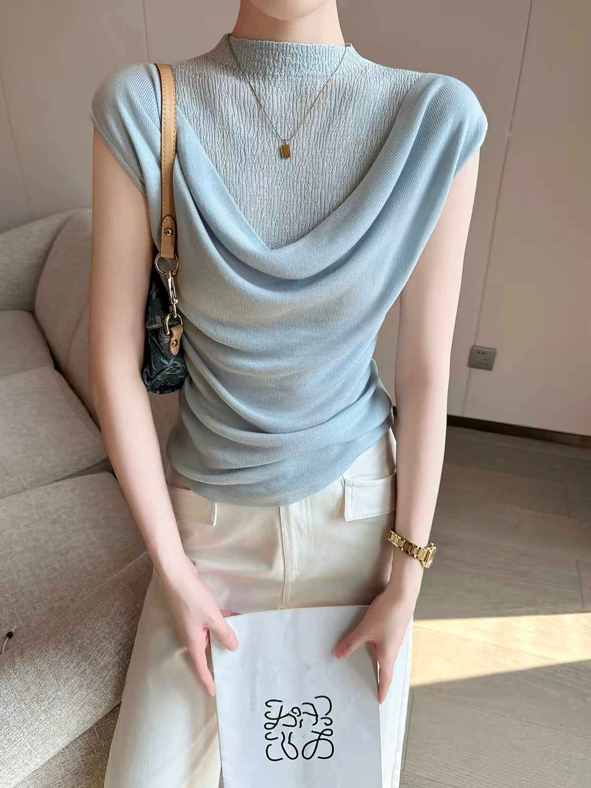 PINKEEN Women's Light Blue Sleeveless Knit Top – 2026 Summer New Arrival: Paneled, Skin-Friendly, Breathable, and Slim-Fit Design