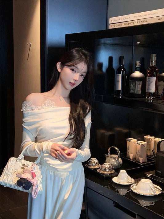 FairyJiang spring new lace one-shoulder milk white top women's short off-shoulder bottoming T-shirt