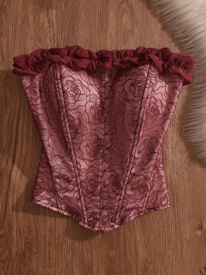 Red embroidered sexy fishbone strapless top with breast pads, worn as outerwear, fitted waist, off-shoulder bra, pure and alluring top.