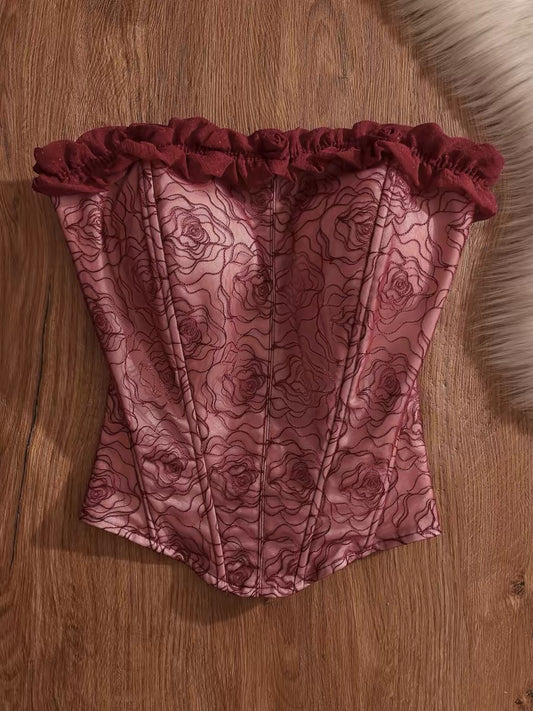Red embroidered sexy fishbone strapless top with breast pads, worn as outerwear, fitted waist, off-shoulder bra, pure and alluring top.