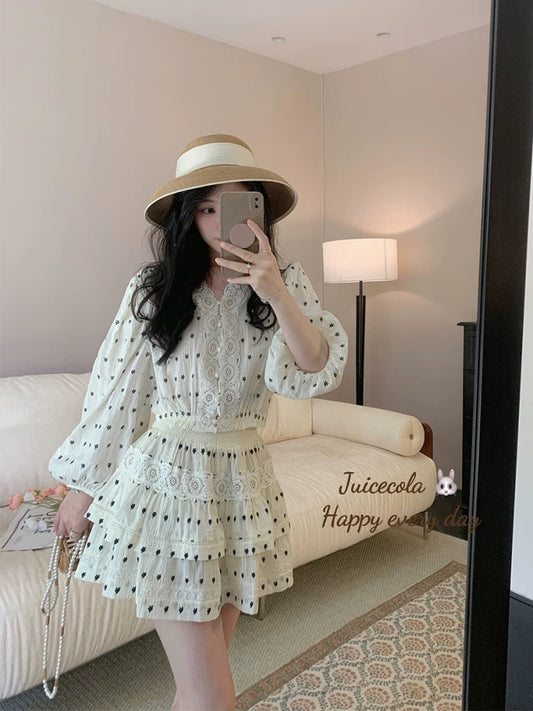 juicecola French romantic sweet embroidered lace patchwork top cake skirt temperament lady two-piece suit