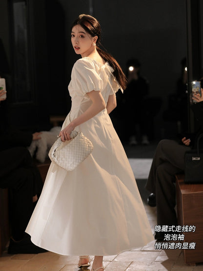 Xia Shiwen Alice's Dream Lyocell V-neck Puff Sleeve Two-Wear Pink Waist A-Line Dress for Women Summer