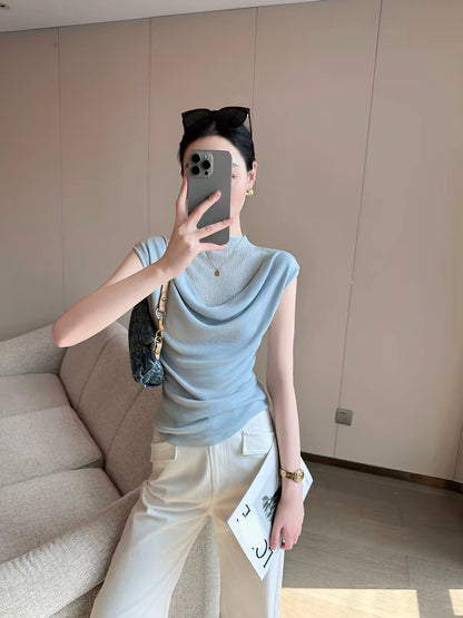 PINKEEN Women's Light Blue Sleeveless Knit Top – 2026 Summer New Arrival: Paneled, Skin-Friendly, Breathable, and Slim-Fit Design