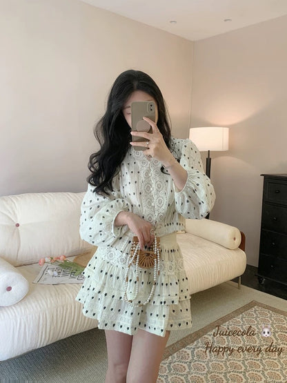juicecola French romantic sweet embroidered lace patchwork top cake skirt temperament lady two-piece suit
