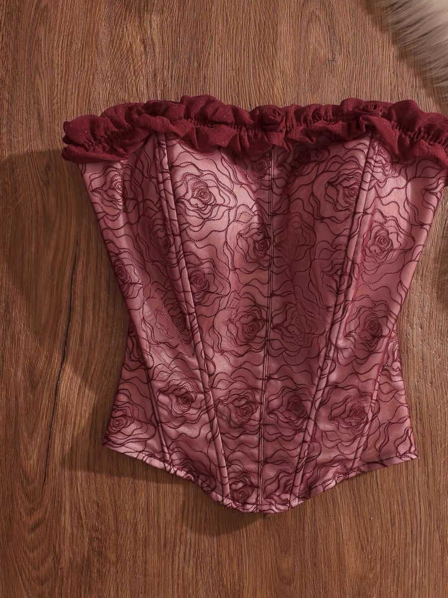 Red embroidered sexy fishbone strapless top with breast pads, worn as outerwear, fitted waist, off-shoulder bra, pure and alluring top.