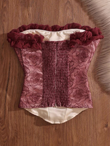 Red embroidered sexy fishbone strapless top with breast pads, worn as outerwear, fitted waist, off-shoulder bra, pure and alluring top.