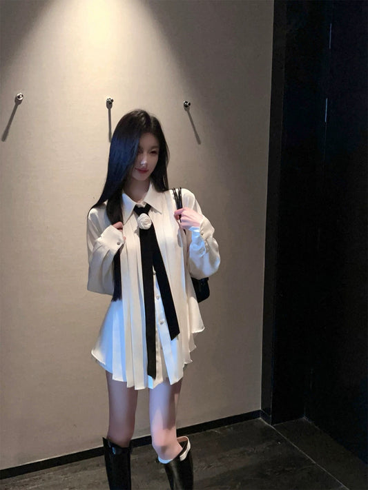 FairyJiang spring high-end satin milk white shirt women's mid-length loose sun protection shirt with tie