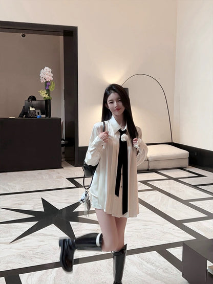 FairyJiang spring high-end satin milk white shirt women's mid-length loose sun protection shirt with tie