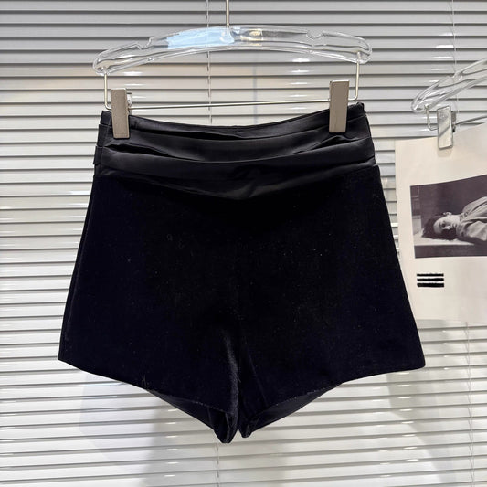 Popular online style, 2025 winter new style, hot and elegant pleated waistband spliced design, three-quarter velvet shorts/bootcut pants
