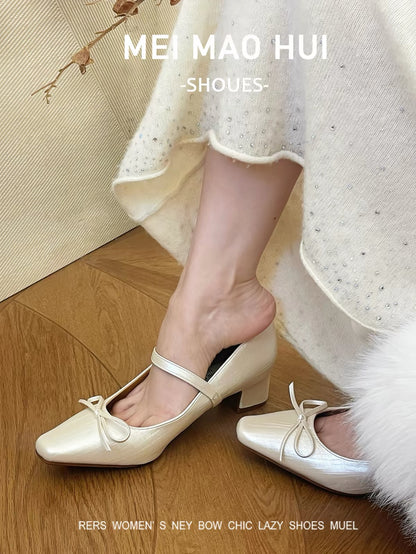 Genuine Leather – French-Style Square-Toe Mary Janes with Bow and Ankle Strap (Size 40, Mid-High Block Heel)