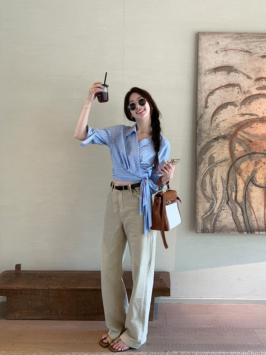 Xia Shiwen Blues Blues cotton and linen blended shirt women's design wrap-style three-quarter sleeve strappy top