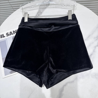 Popular online style, 2025 winter new style, hot and elegant pleated waistband spliced design, three-quarter velvet shorts/bootcut pants