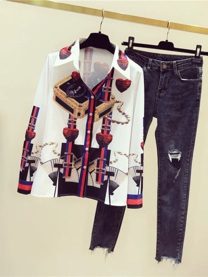Brand discount women's clothing counter withdrawal last stock special price spring and autumn retro tops light breeze printed chiffon shirt for women