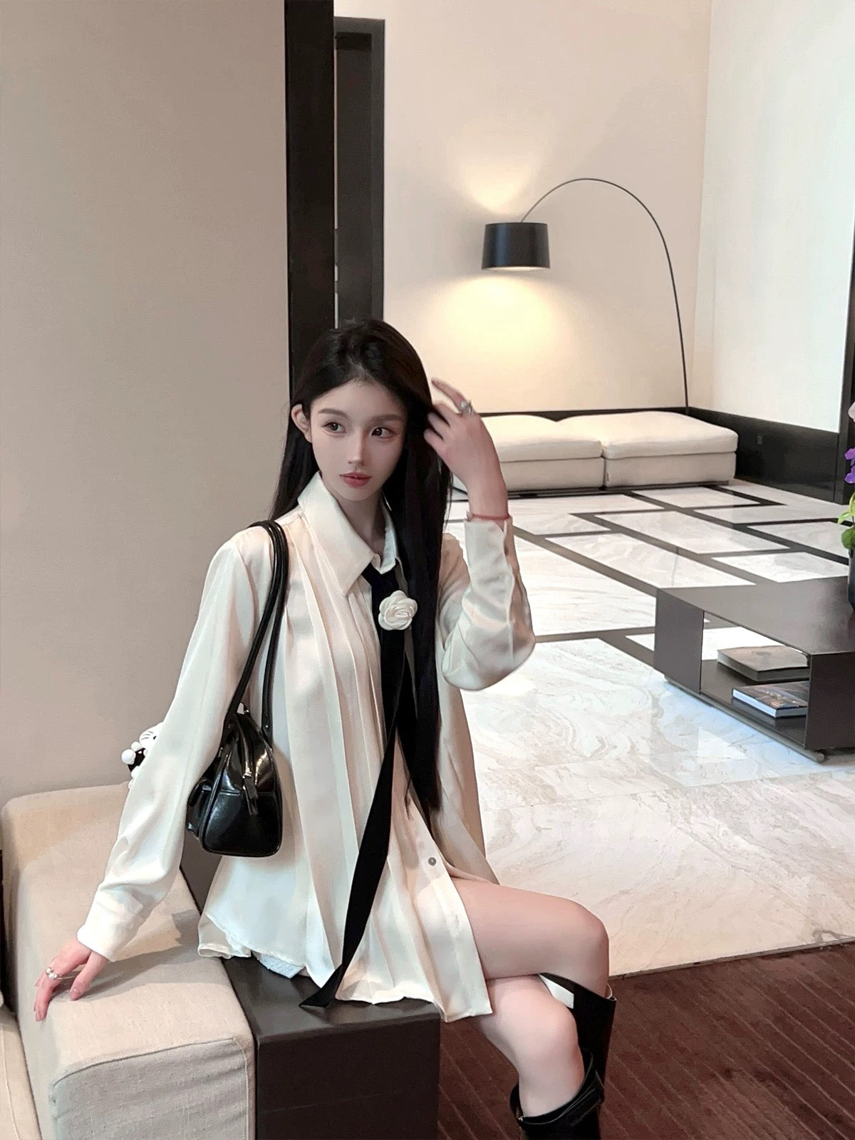 FairyJiang spring high-end satin milk white shirt women's mid-length loose sun protection shirt with tie