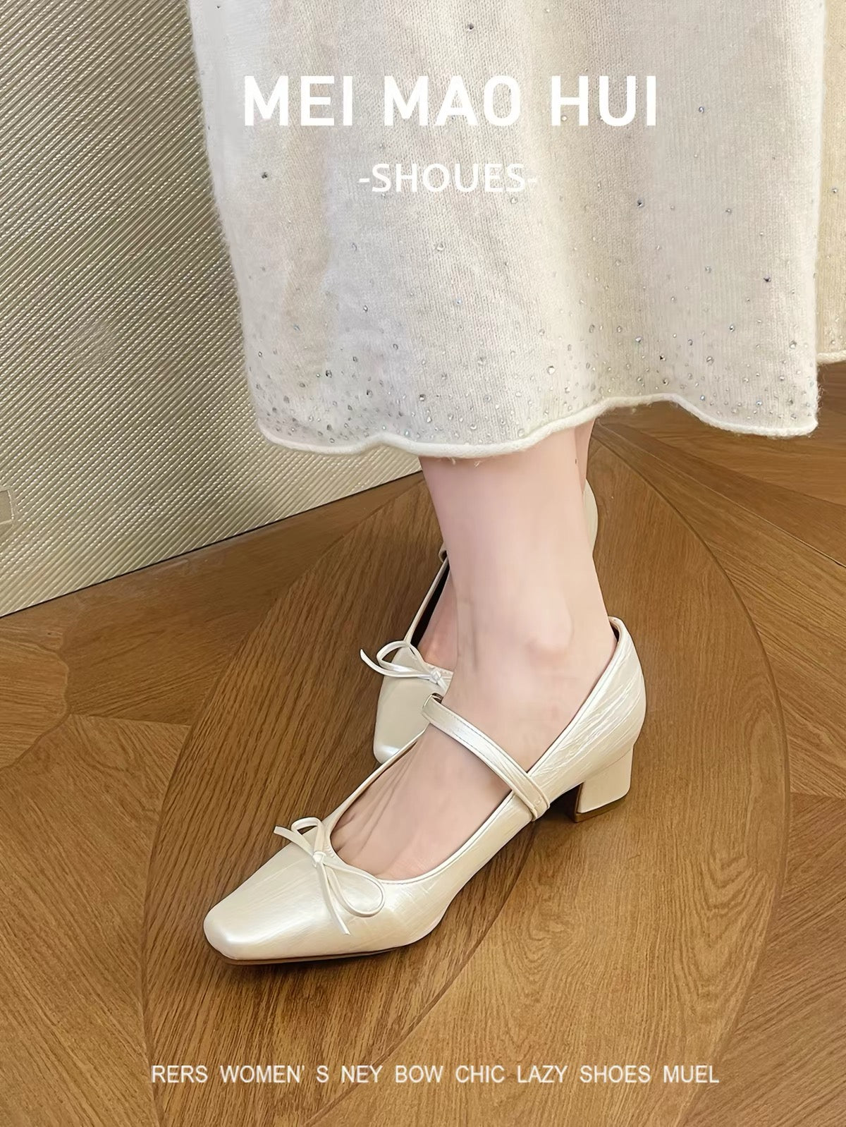 Genuine Leather – French-Style Square-Toe Mary Janes with Bow and Ankle Strap (Size 40, Mid-High Block Heel)