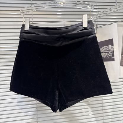 Popular online style, 2025 winter new style, hot and elegant pleated waistband spliced design, three-quarter velvet shorts/bootcut pants