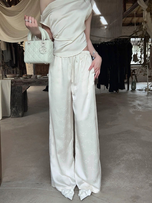 FairyJiang Summer Satin Printed White High Waisted Wide Leg Pants Women's Thin Loose Drawstring Floor-Mopping Casual Pants