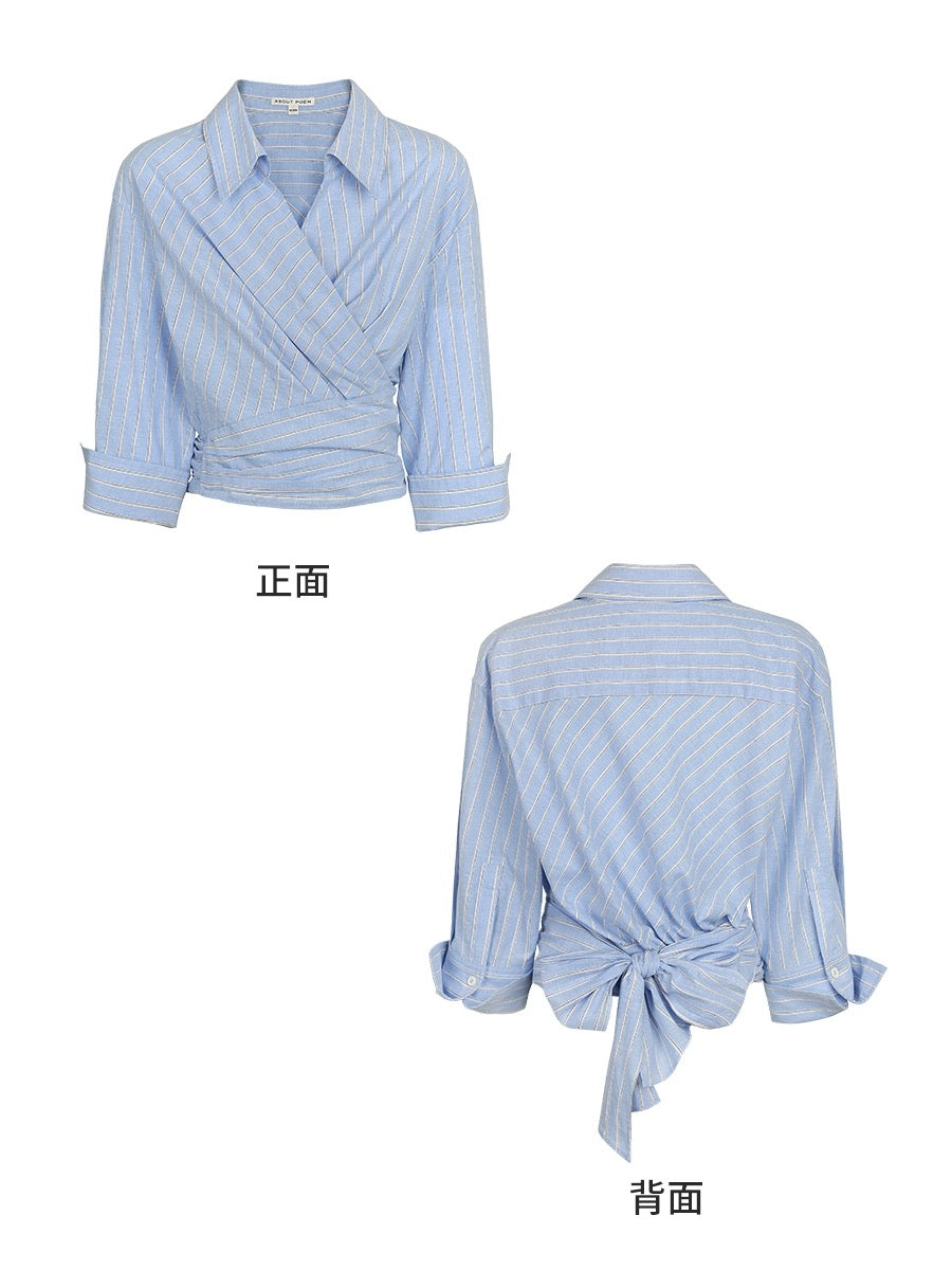Xia Shiwen Blues Blues cotton and linen blended shirt women's design wrap-style three-quarter sleeve strappy top